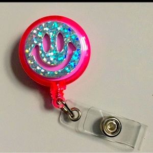 Pink holographic smiley face badge reel ID key card holder